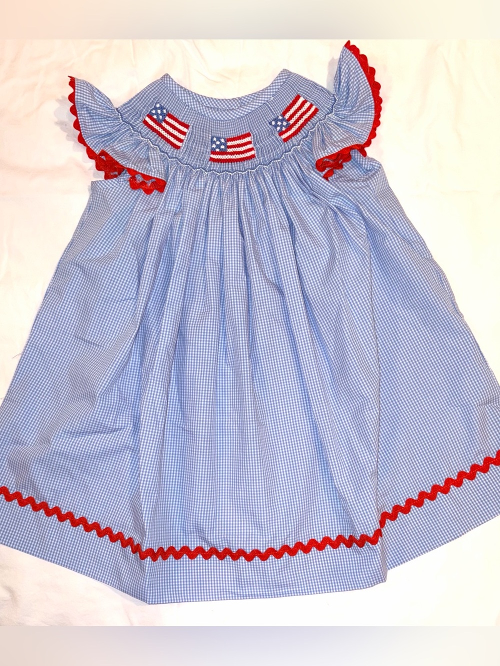 Stitchy Fish smocked and embroidered blue gingham flag dress RicRac trim 3T NWT